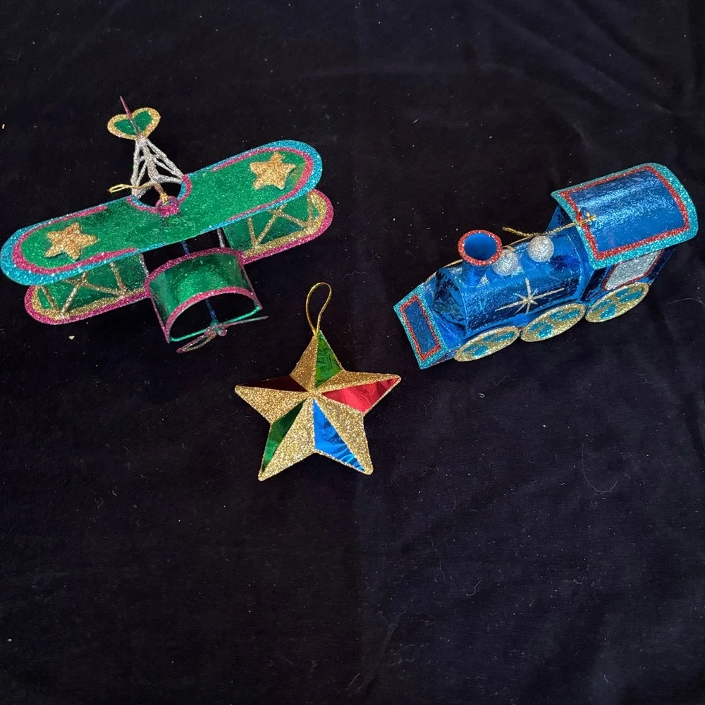 Vintage Glitter Metallic Foil Airplane Train Star Christmas Ornament Set 3pc